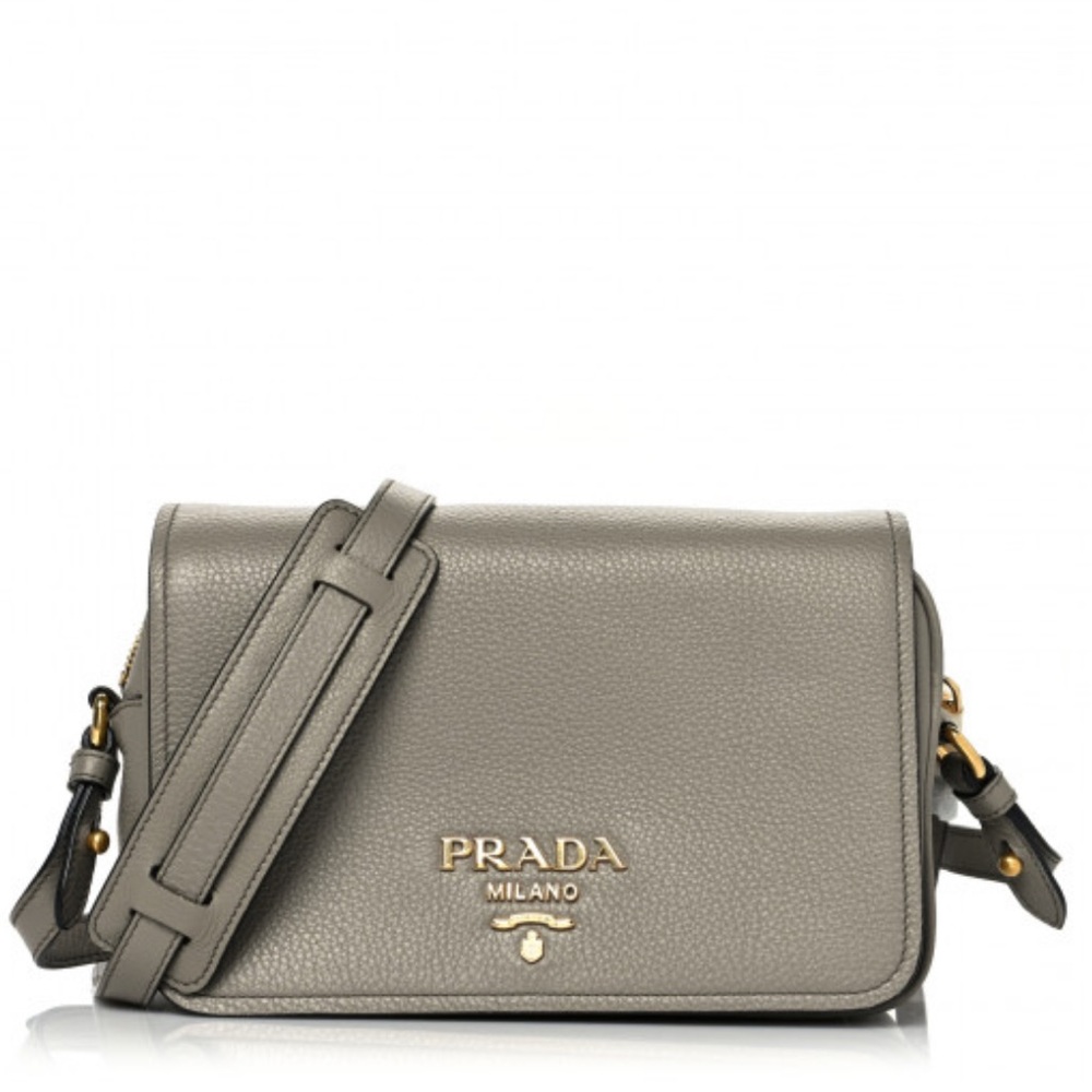 Authentic PRADA Vitello Phenix Argilla Crossbody Bag